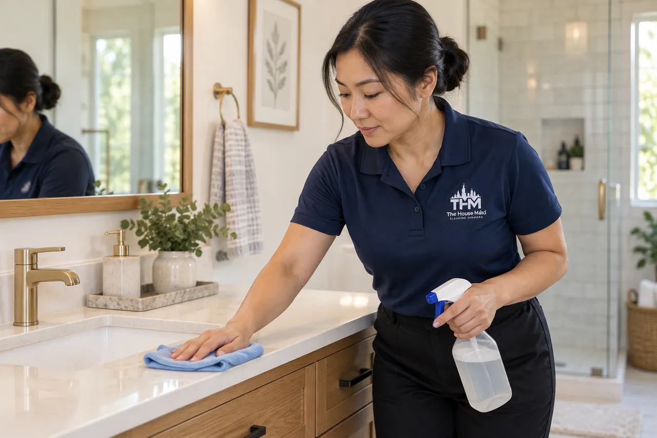Professional cleaner wiping a bathroom vanity in natural light