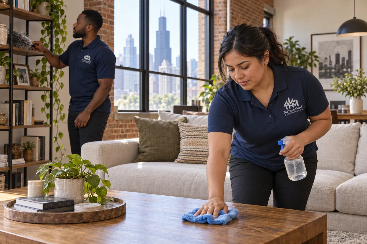 Two professional cleaners working naturally in a residential living space