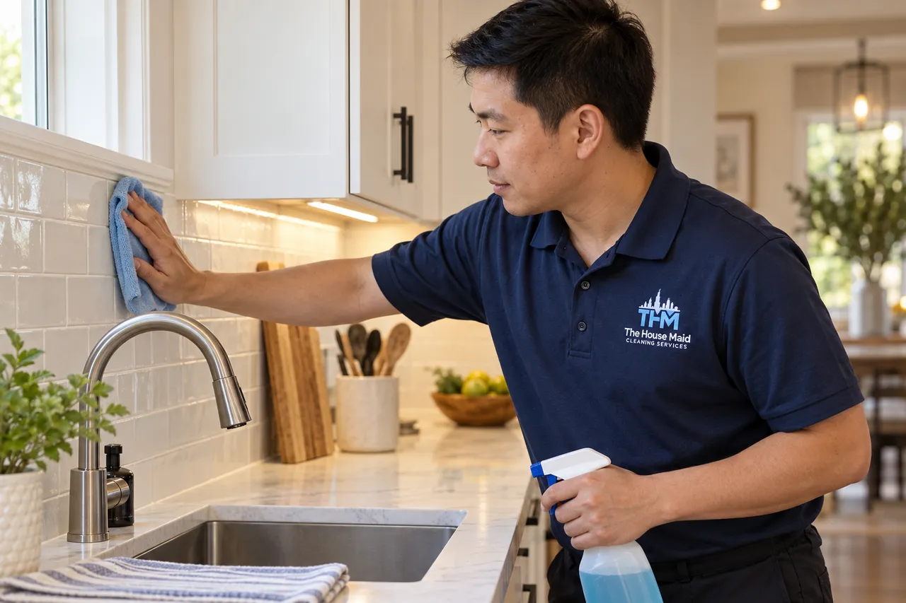 Cleaner paying close attention to kitchen backsplash details